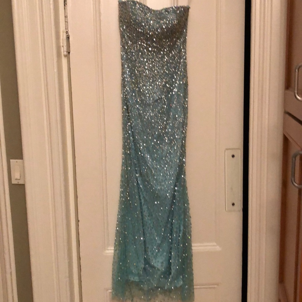 Sherri Hill aqua sequined gown/removable skirt